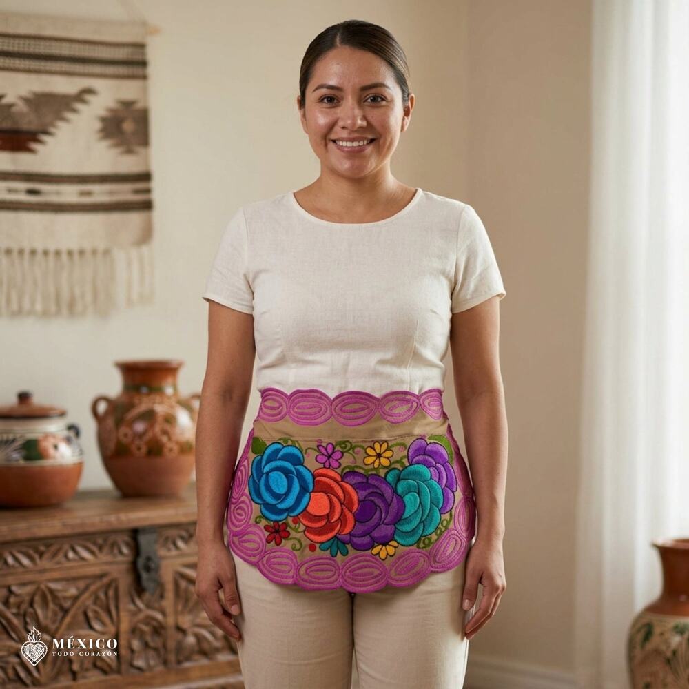 Mexican Embroidered Waist Apron – Floral Pocket Design, Traditional Tie Apron